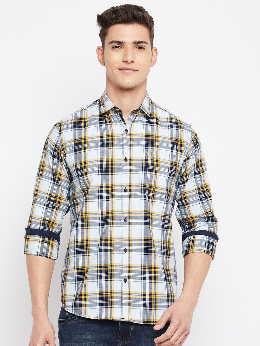 

Duke Men White & Yellow Slim Fit Checked Cotton Casual Shirt