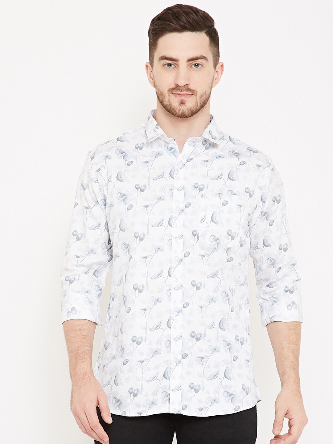 

Duke Men White Slim Fit Floral Printed Cotton Casual Shirt