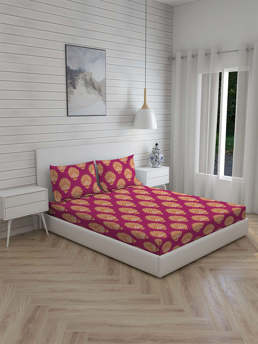 

Layers Pink & Yellow 144 TC King Ethnic Motifs Bed Sheet with 2 Pillow Covers
