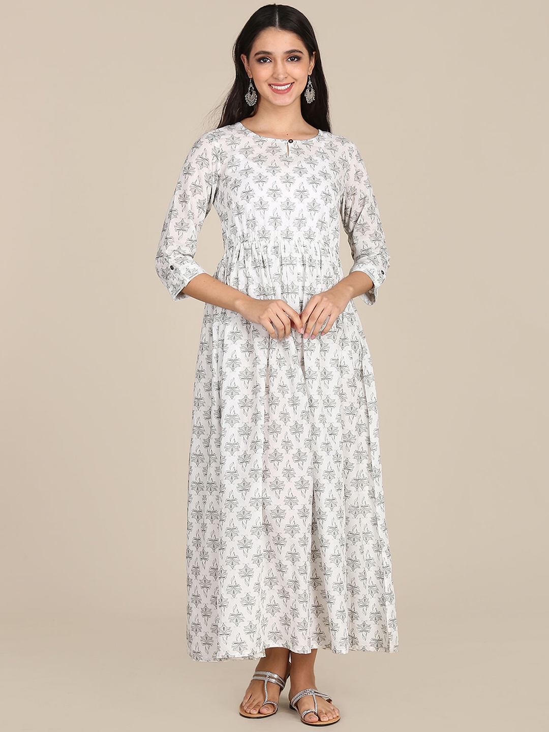 

Karigari White & Grey Floral Keyhole Neck Ethnic Maxi Dress