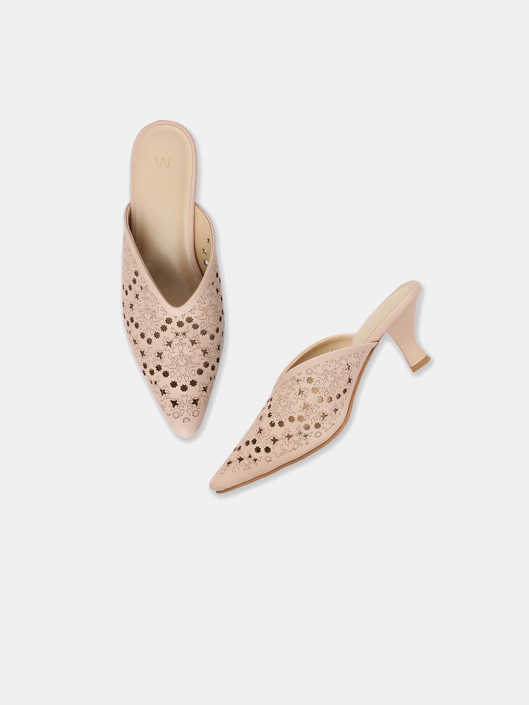 

W Beige PU Ethnic Kitten Mules with Laser Cuts