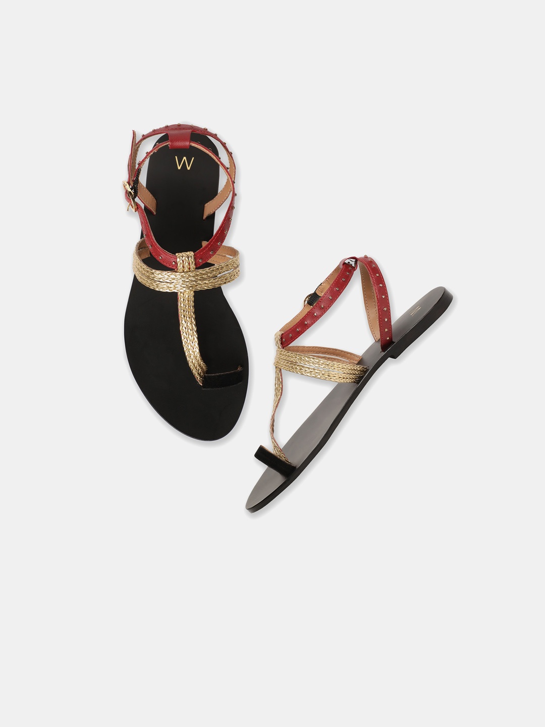 

W The Folksong Collection Women Red Colourblocked Leather Ethnic T-Strap Flats