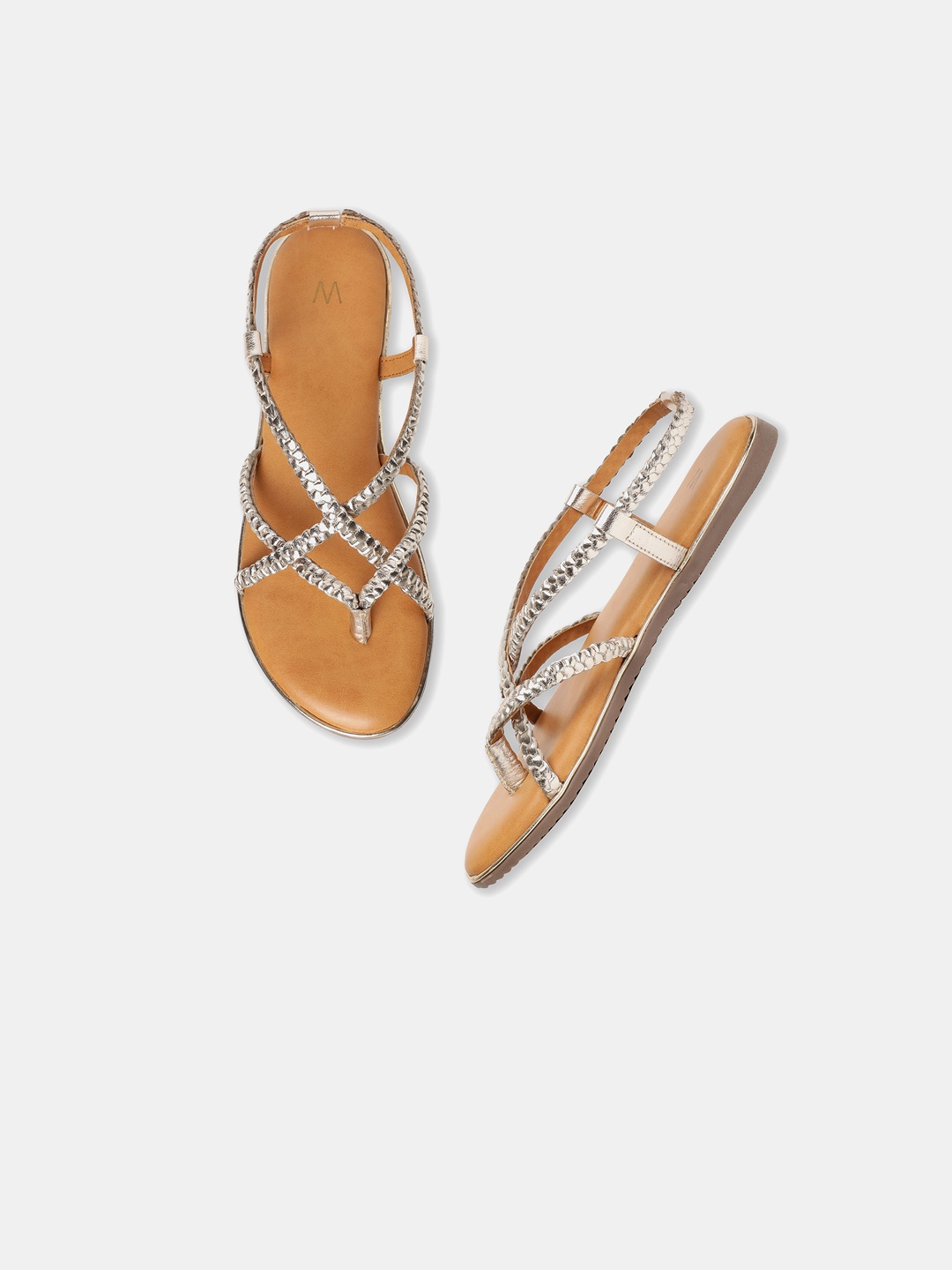 

W The Folksong Collection Women Silver-Toned Woven Design Open Toe Flats