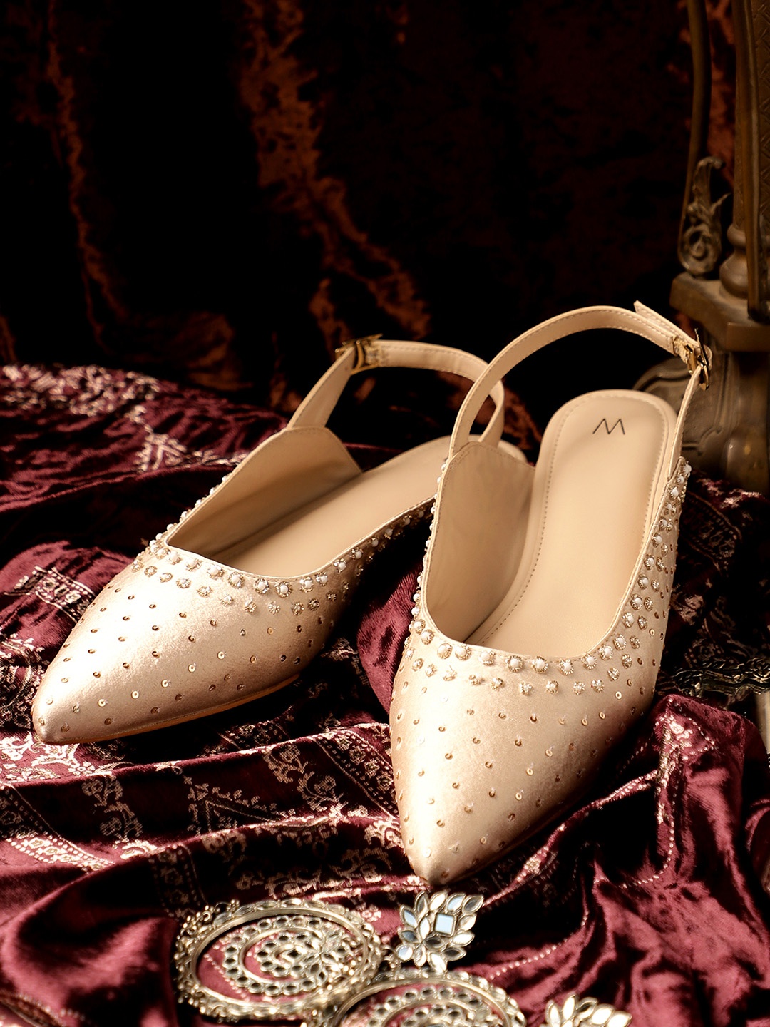 

W Women Beige Printed Leather Embellished Mule Flats