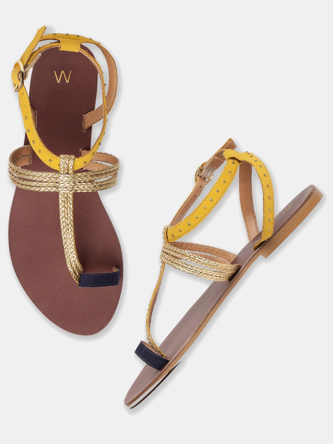 

W The Folksong Collection Women Yellow Colourblocked T-Strap Flats