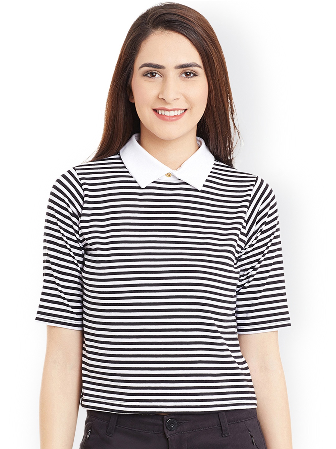 

Miss Chase Women Black & White Striped Regular Top