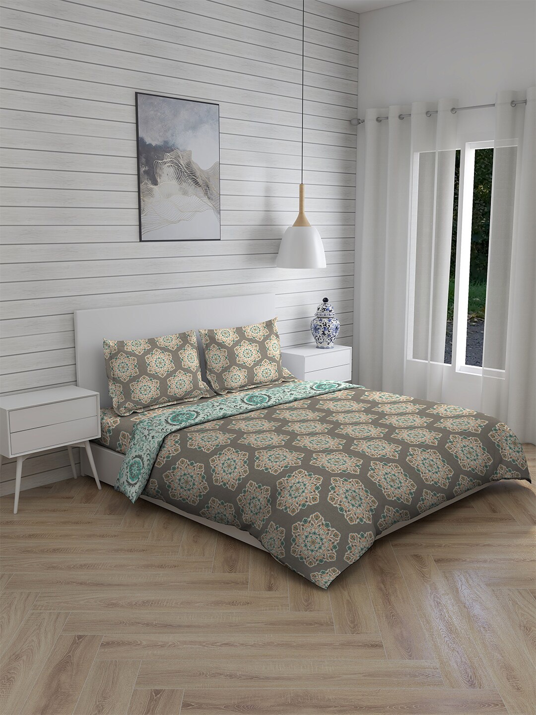 

Layers Brown & Sea Green Printed Cotton Double King Bedding Set With Comforter