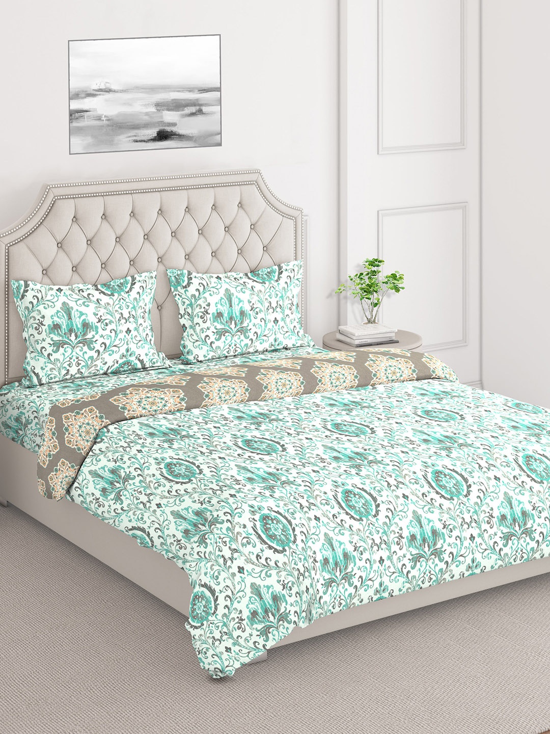

Layers White & Sea Green Printed Double King Pure Cotton Bedding Set With Comforter