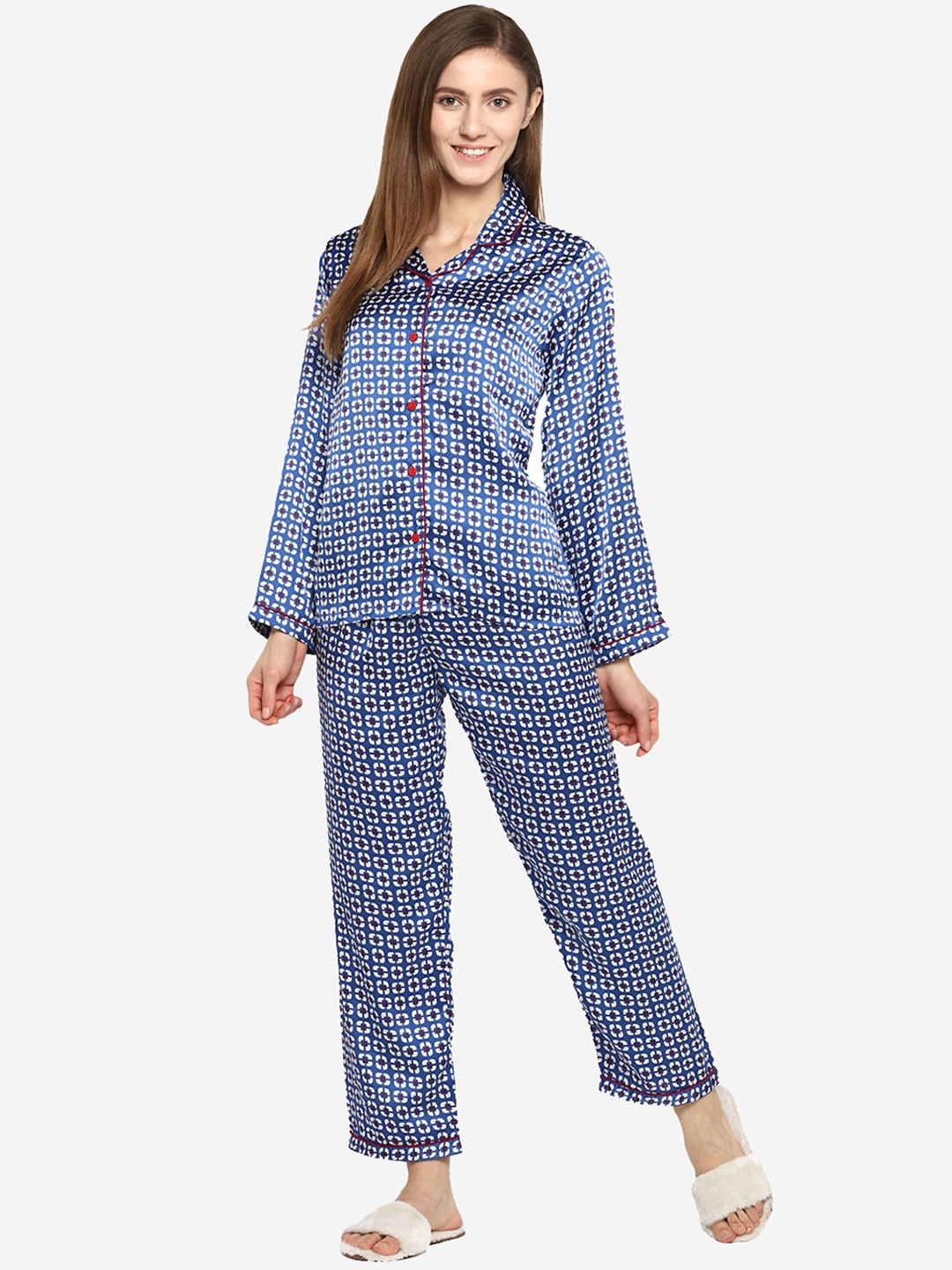 

shopbloom Women Blue & White Printed Satin Night Suit