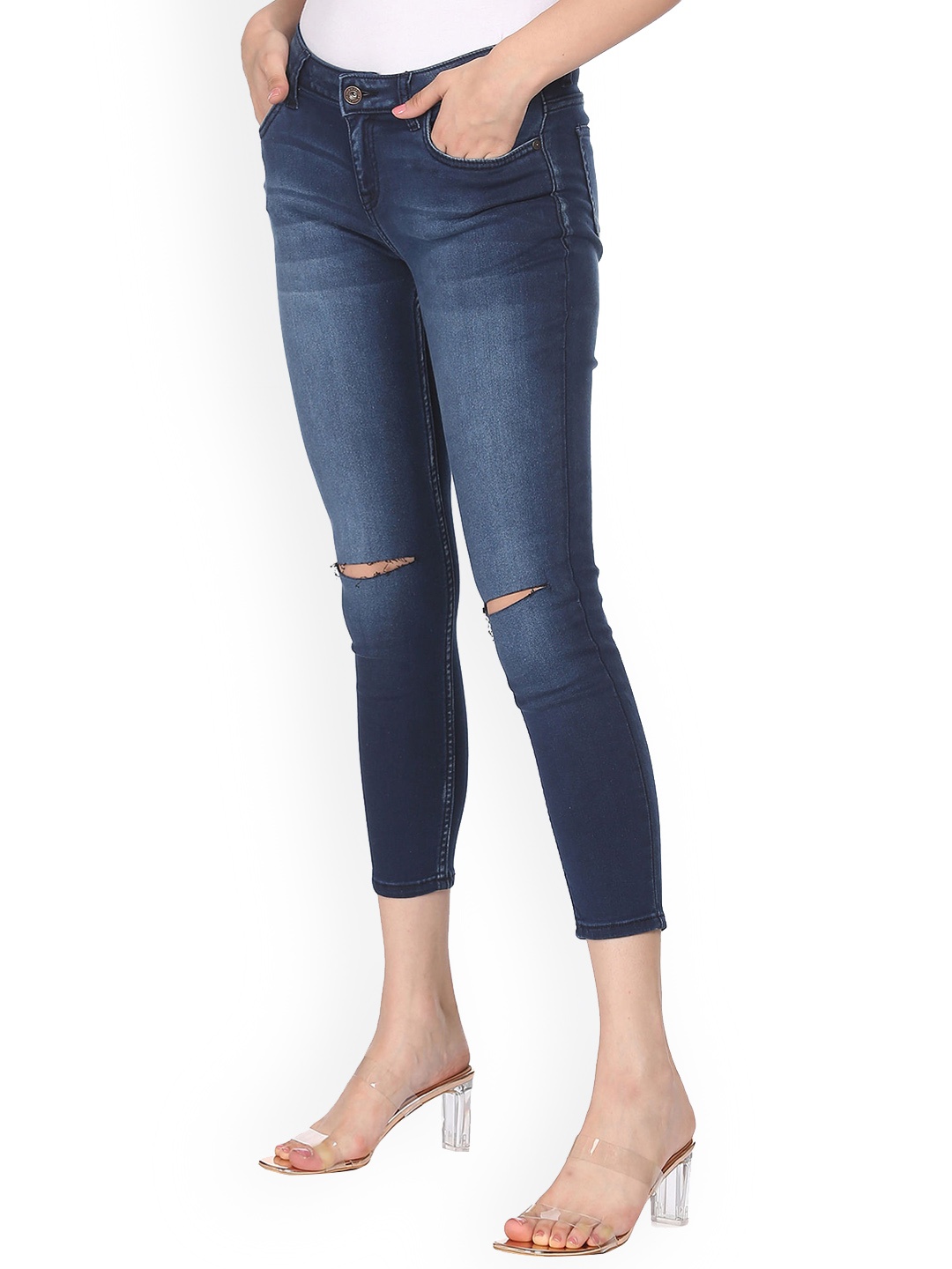 

Sugr Women Blue Slash Knee Light Fade Stone Washed Jeans