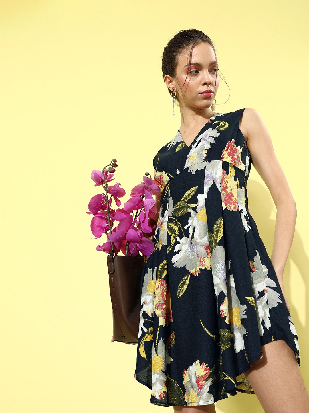 

KASSUALLY Women Deep Navy Blue Floral Volume Play Dress