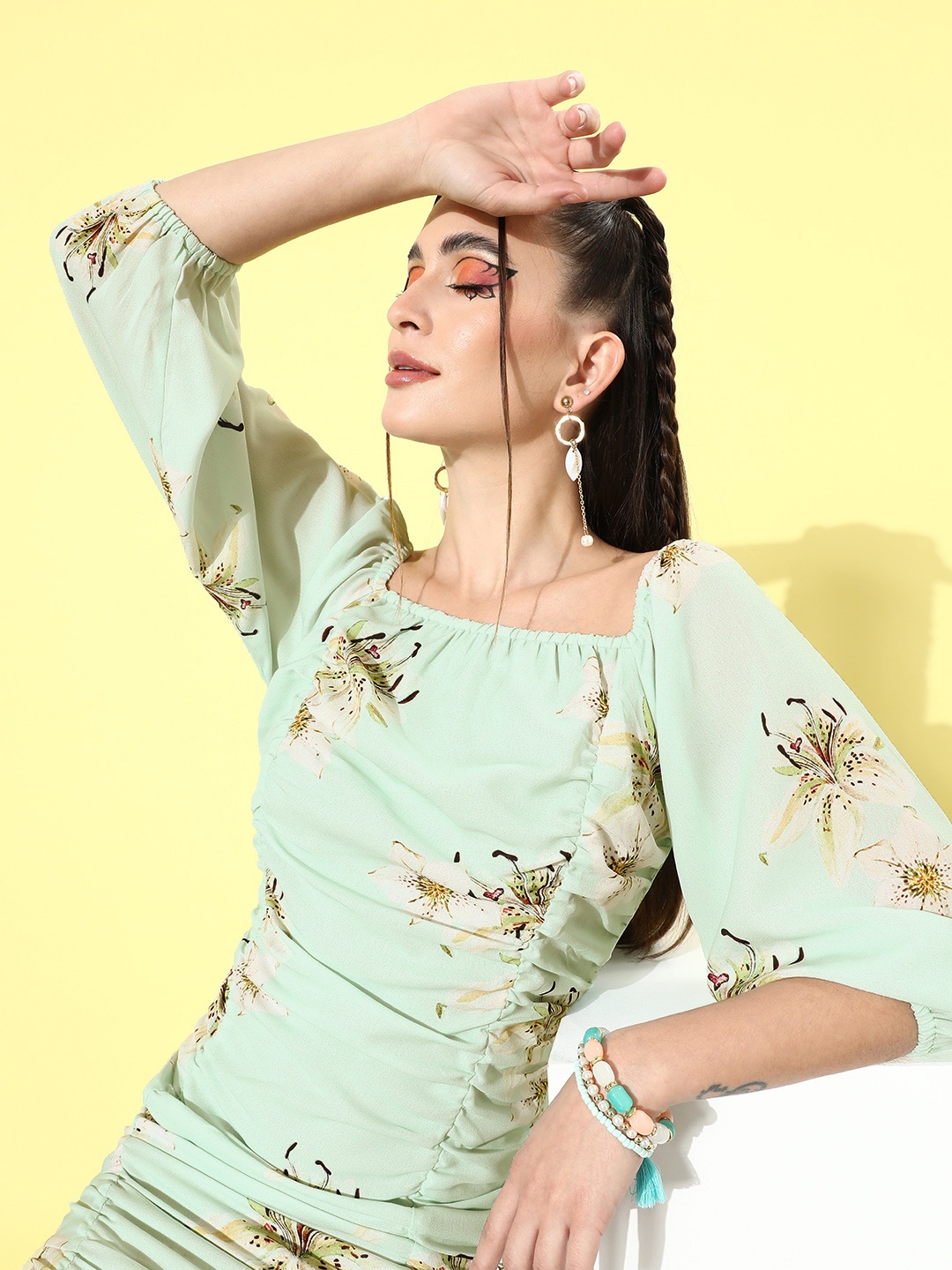 

KASSUALLY Women Gorgeous Green Floral Volume Play Dress