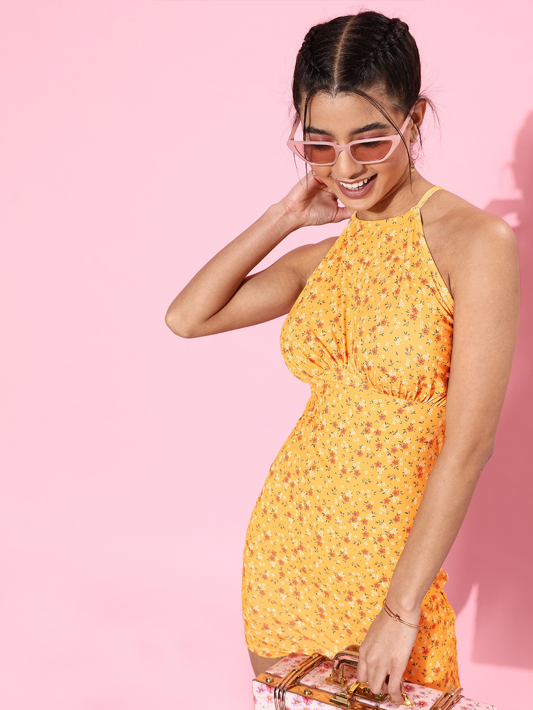 

KASSUALLY Women Stylish Mustard Floral Bustier Dress