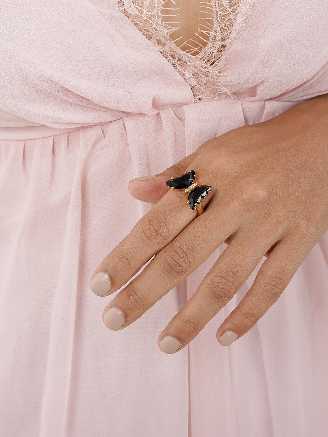 

JOKER & WITCH Gold-Toned & Black Butterfly Stone-Studded Finger Ring