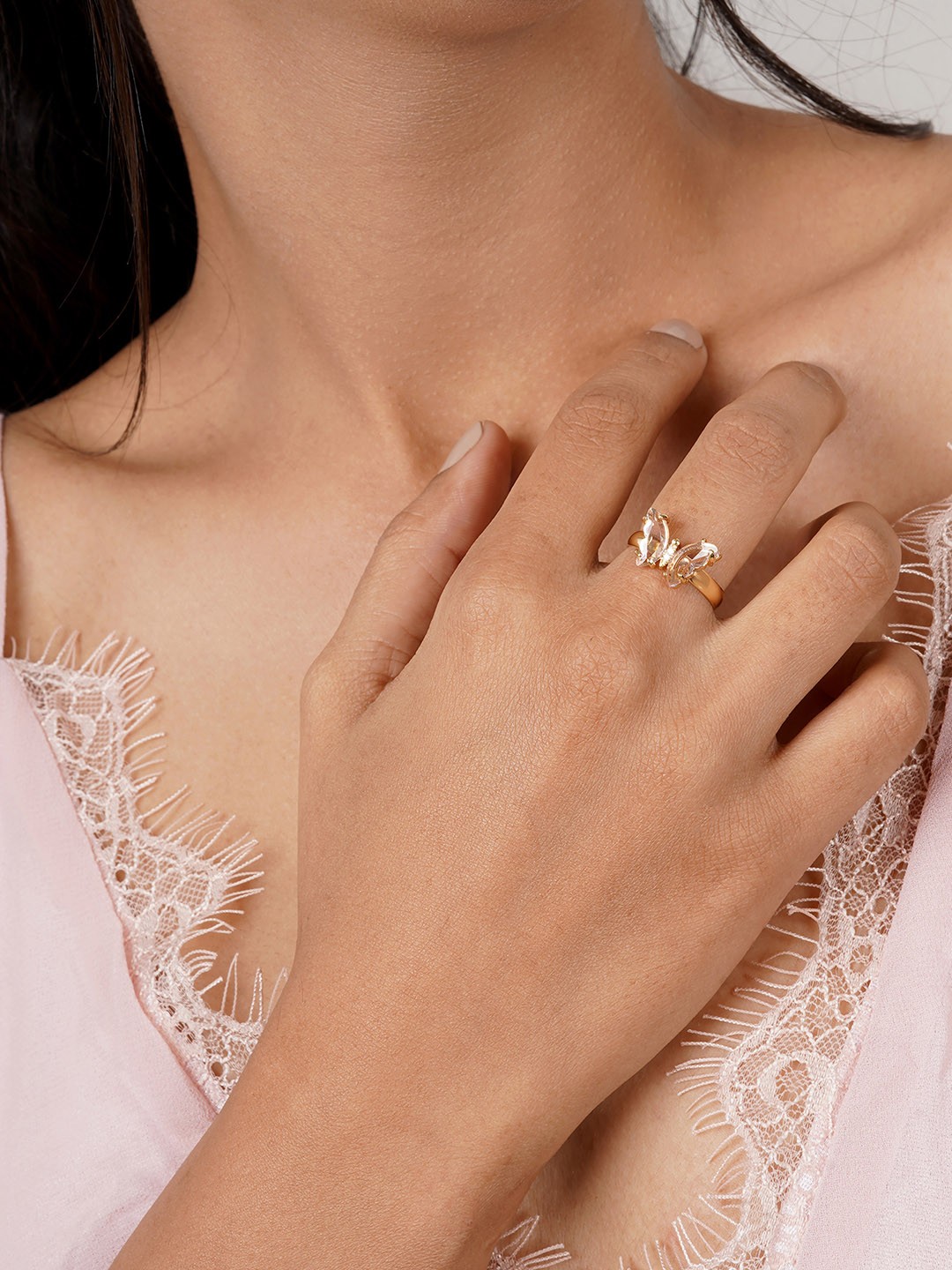 

JOKER & WITCH Gold-Toned & Pink Butterfly Stone-Studded Finger Ring