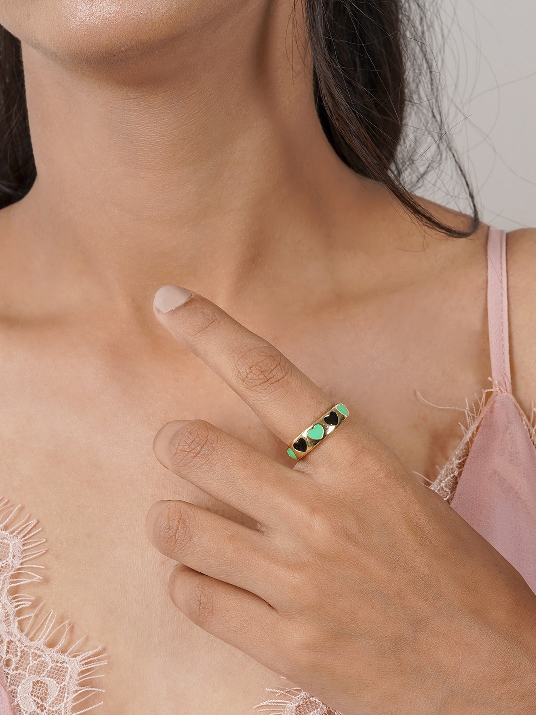 

JOKER & WITCH Gold-Toned & Green Heart Enamelled Adjustable Finger Ring