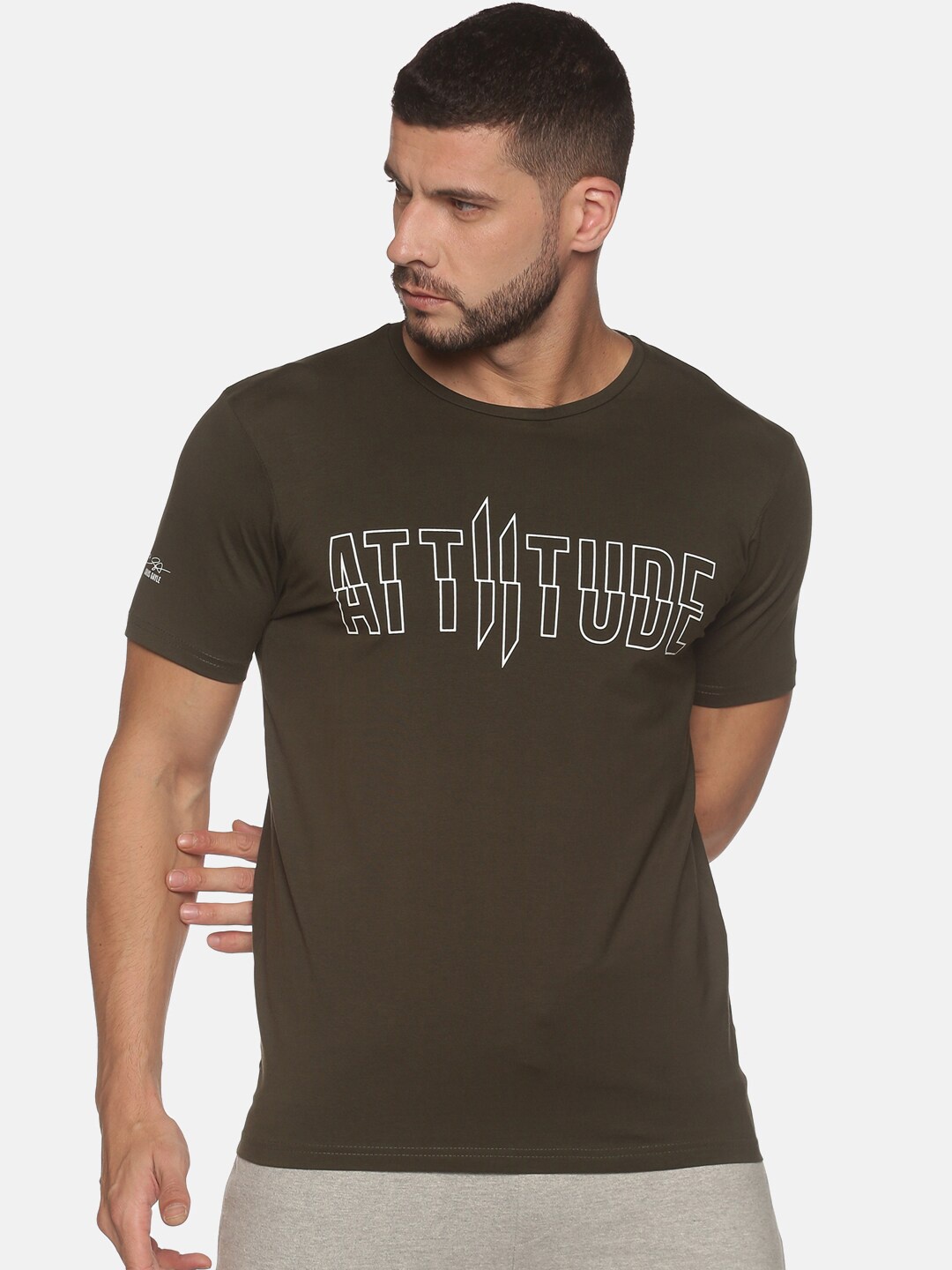 

ATTIITUDE Men Olive Green & White Brand Logo Printed Dri-FIT Pure Cotton Slim Fit T-shirt