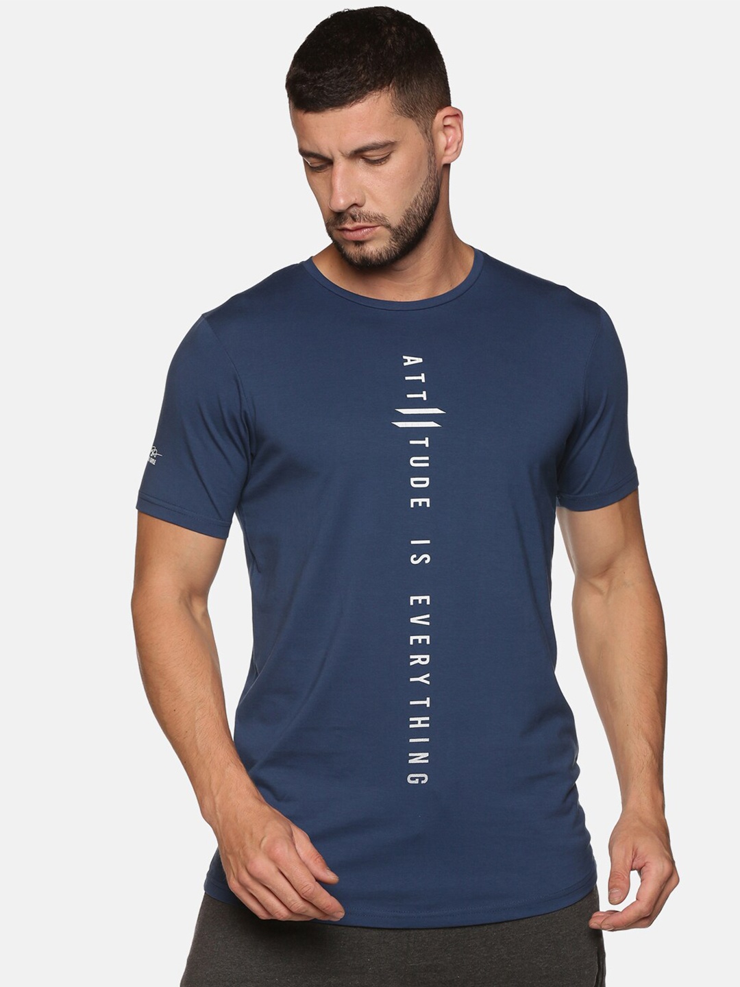 

ATTIITUDE Men Navy Blue Typography Printed Dri-FIT Cotton Slim Fit T-shirt