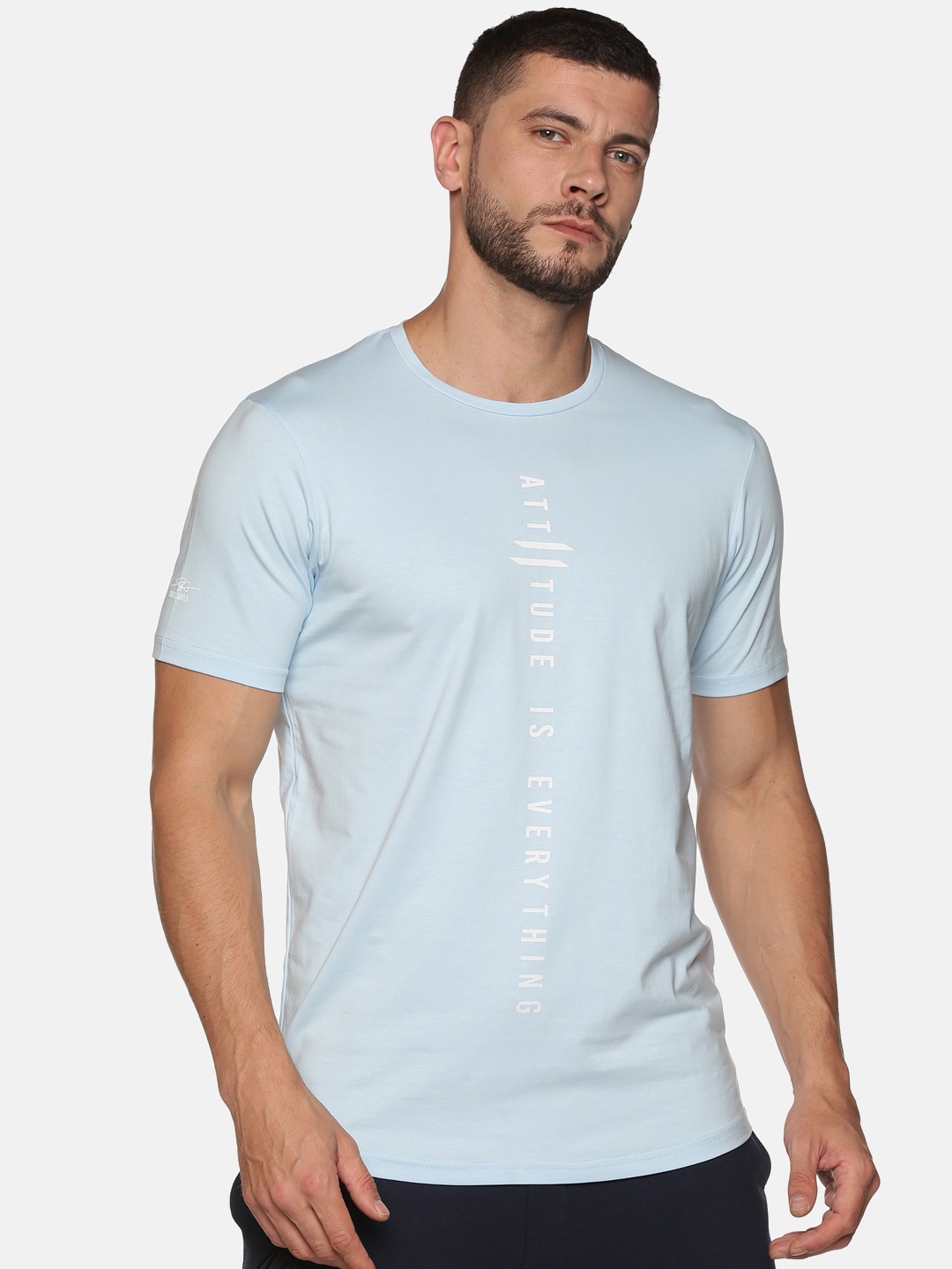 

ATTIITUDE Men Blue & White Brand Logo Printed Dri-FIT Pure Cotton Slim Fit T-shirt