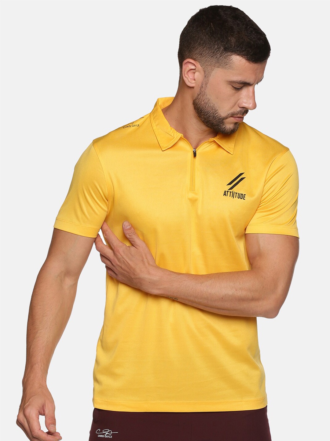 

ATTIITUDE Men Yellow Polo Collar Dri-FIT Slim Fit T-shirt