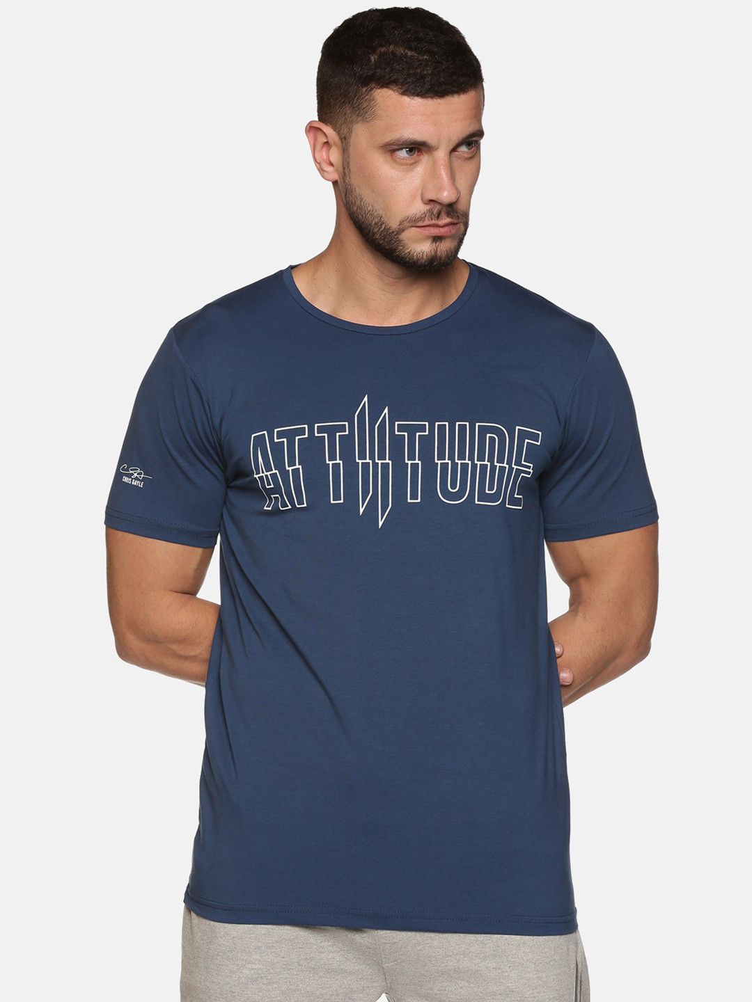 

ATTIITUDE Men Navy Blue Typography Printed Dri-FIT Cotton Slim Fit T-shirt