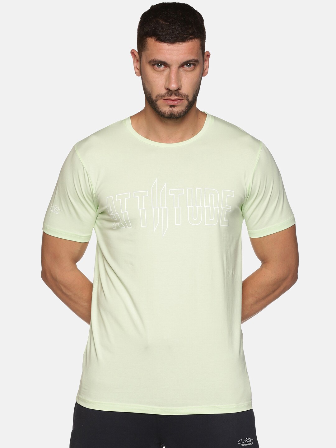 

ATTIITUDE Men Lime Green Brand Logo Printed Dri-FIT Pure Cotton Slim Fit T-shirt
