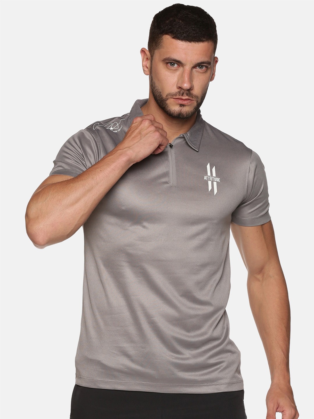 

ATTIITUDE Men Grey Solid Polo Collar Dri-FIT Slim Fit T-shirt