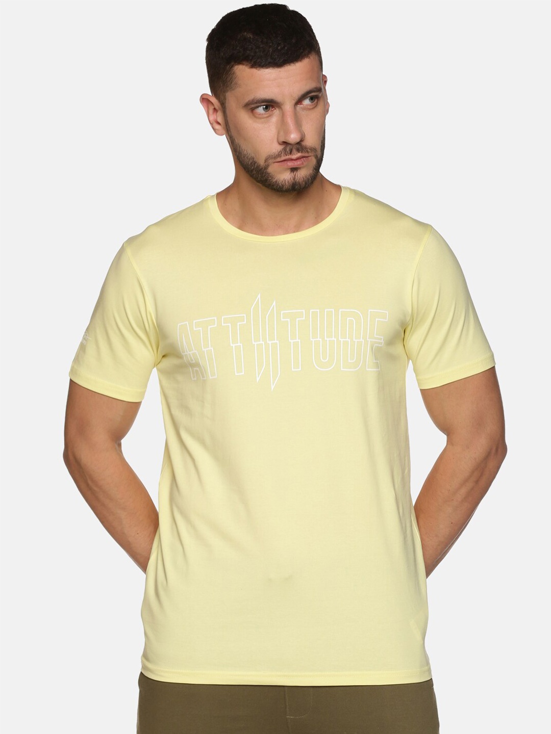 

ATTIITUDE Men Yellow Typography Printed Dri-FIT Cotton Slim Fit T-shirt