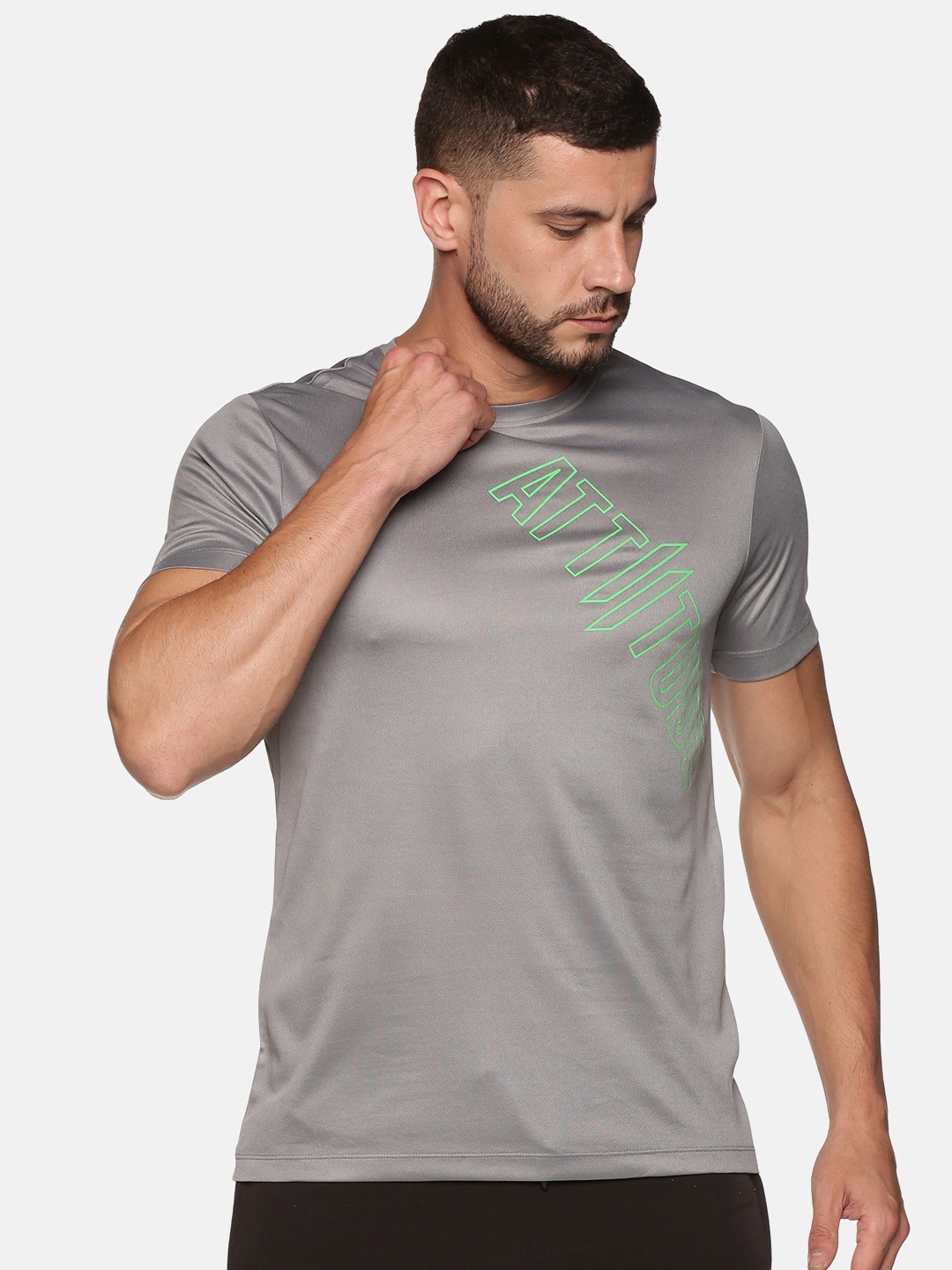 

ATTIITUDE Men Grey & Green Brand Logo Printed Dri-FIT Slim Fit T-shirt