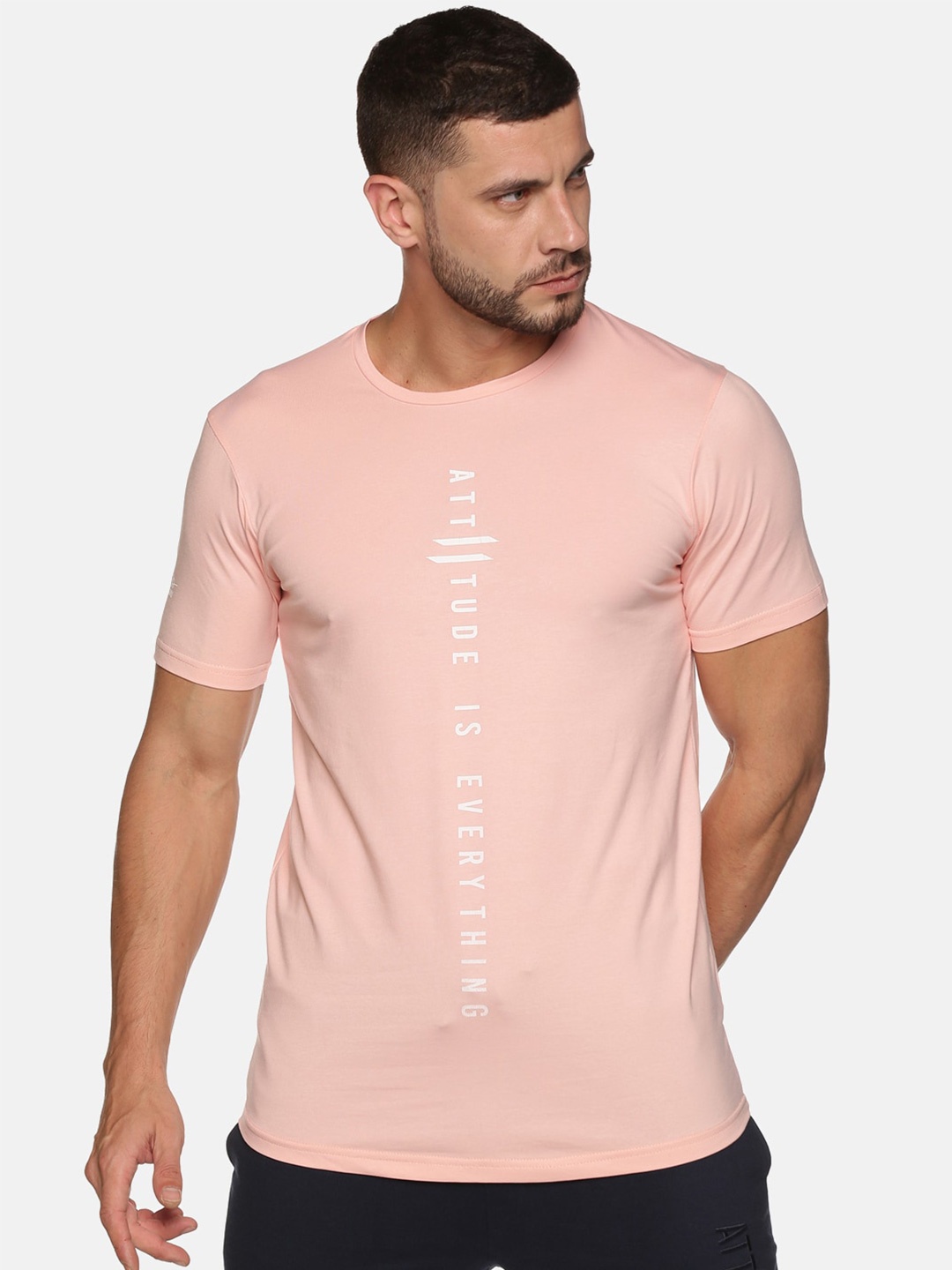

ATTIITUDE Men Coral Orange Typography Printed Dri-FIT Cotton Slim Fit T-shirt