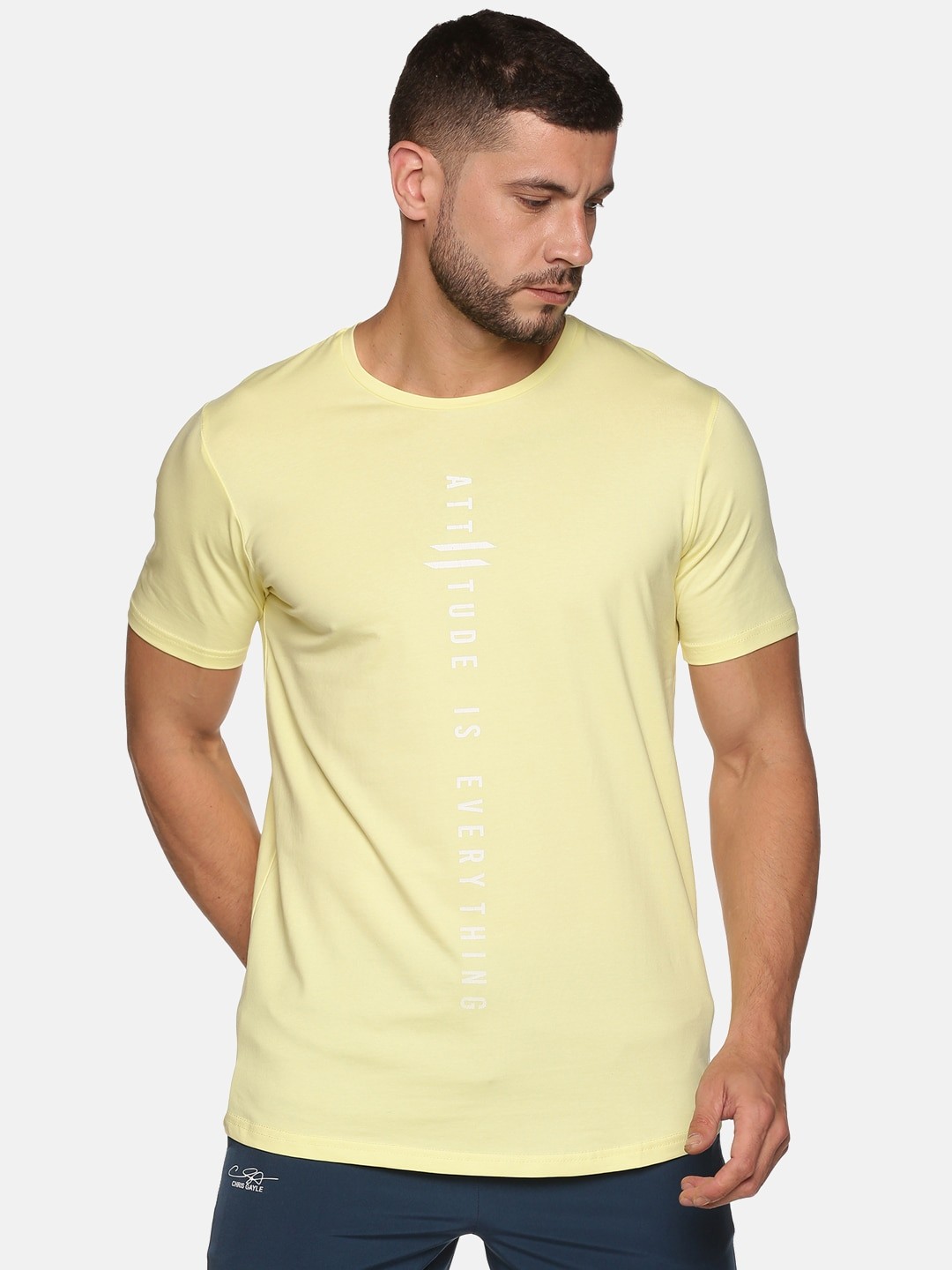 

ATTIITUDE Men Yellow & White Brand Logo Printed Dri-FIT Pure Cotton Slim Fit T-shirt