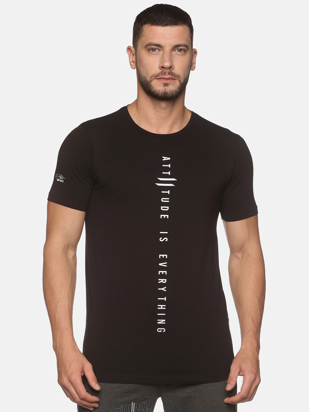 

ATTIITUDE Men Black & White Typography Printed Dri-FIT Cotton Slim Fit T-shirt