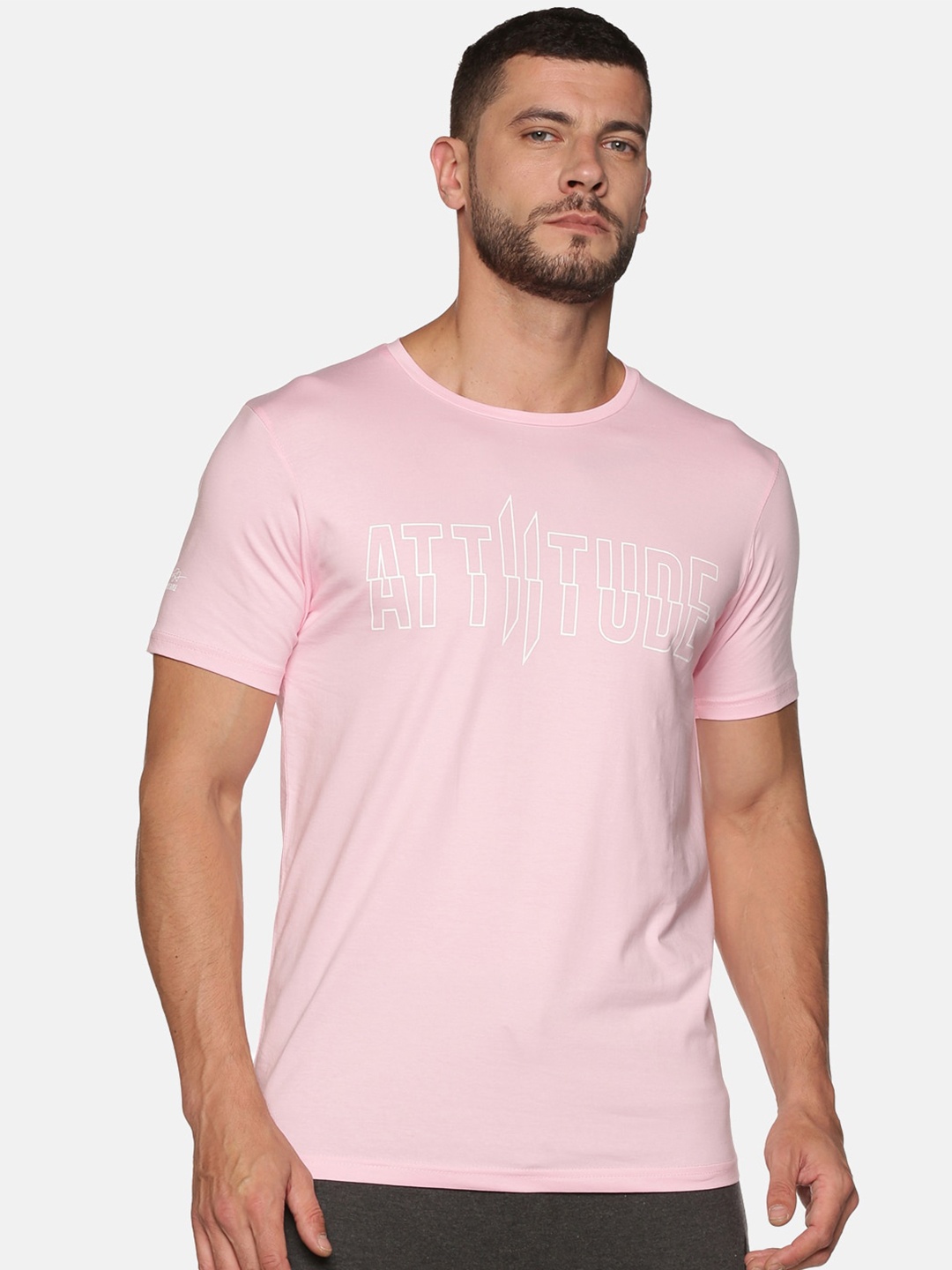 

ATTIITUDE Men Pink & White Brand Logo Printed Dri-FIT Pure Cotton Slim Fit T-shirt