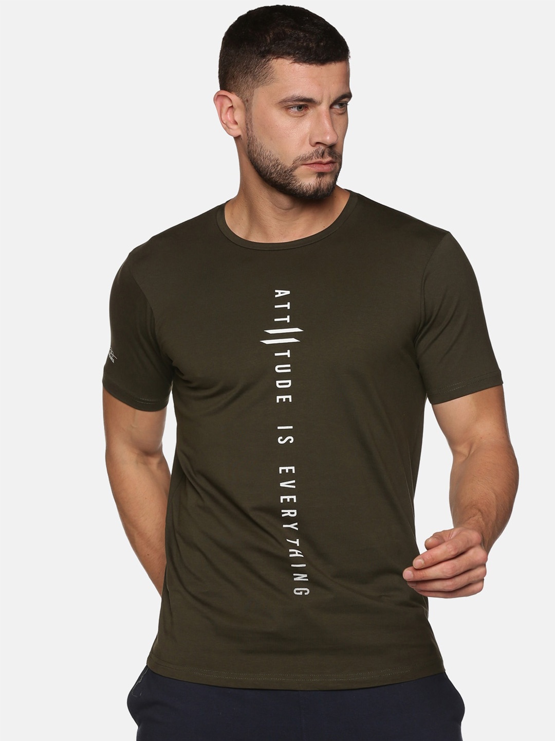 

ATTIITUDE Men Olive Green Typography Printed Dri-FIT Cotton Slim Fit T-shirt