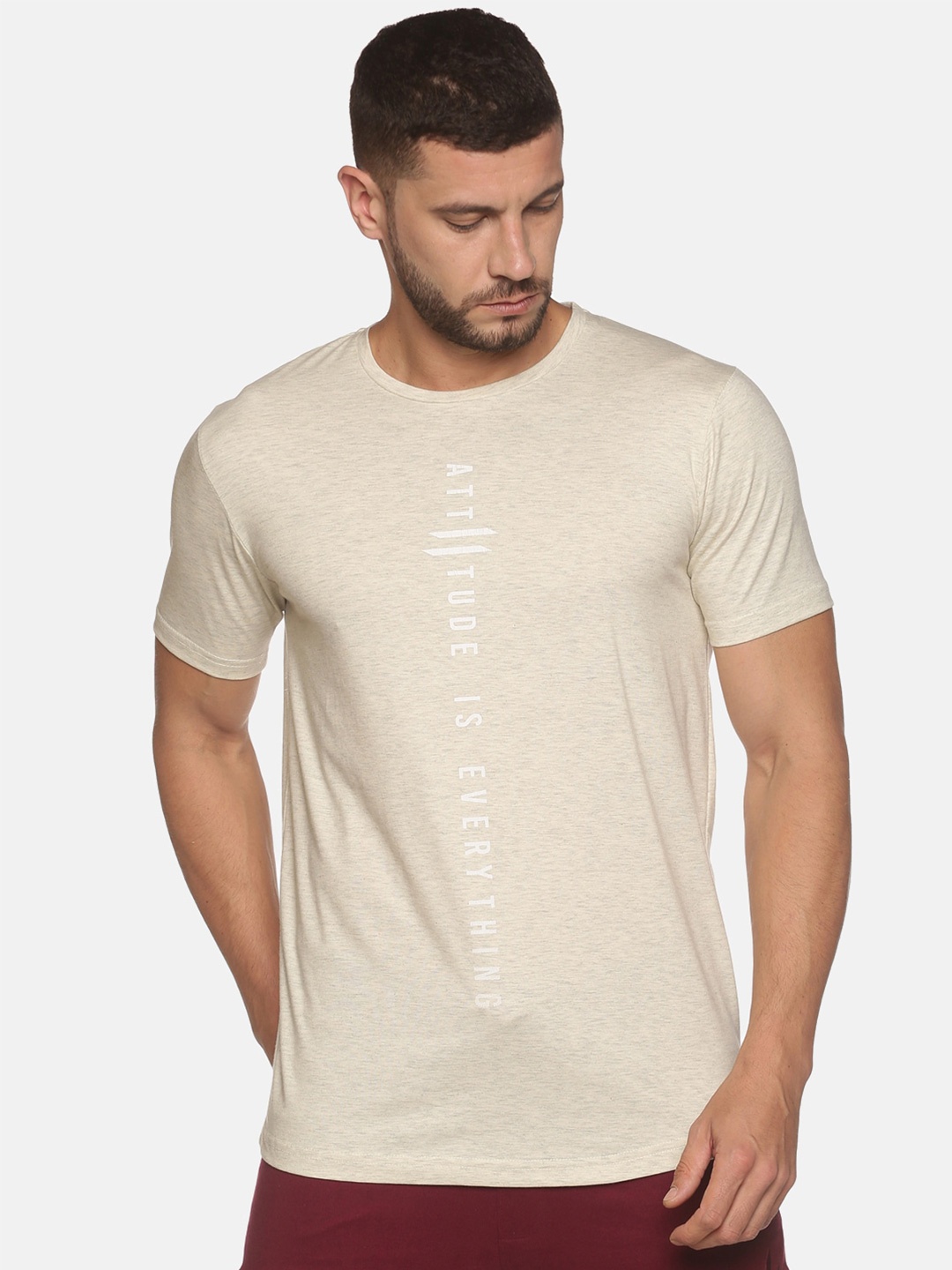 

ATTIITUDE Men Off White Typography Printed Dri-FIT Cotton Slim Fit T-shirt