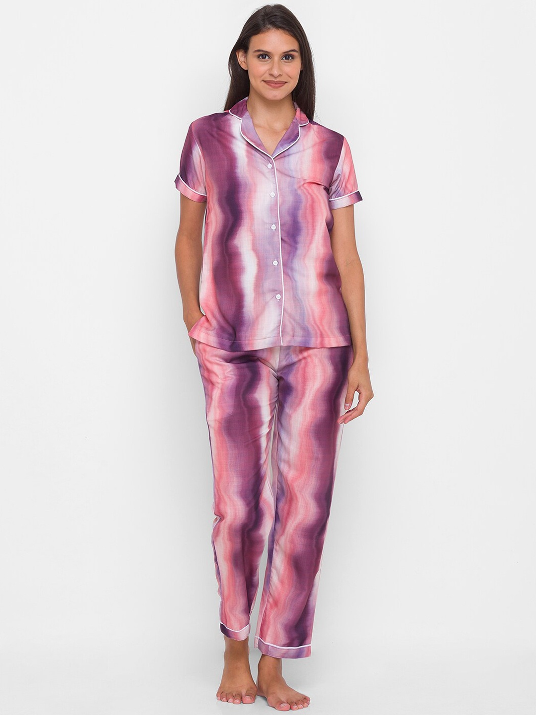 

NOIRA Women Purple & Pink Pure Cotton Tie & Dye Night suit
