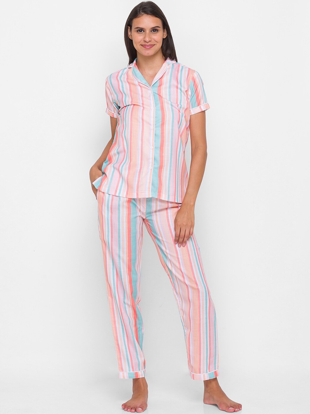 

NOIRA Women White & Pink Printed Pure Cotton Night suit