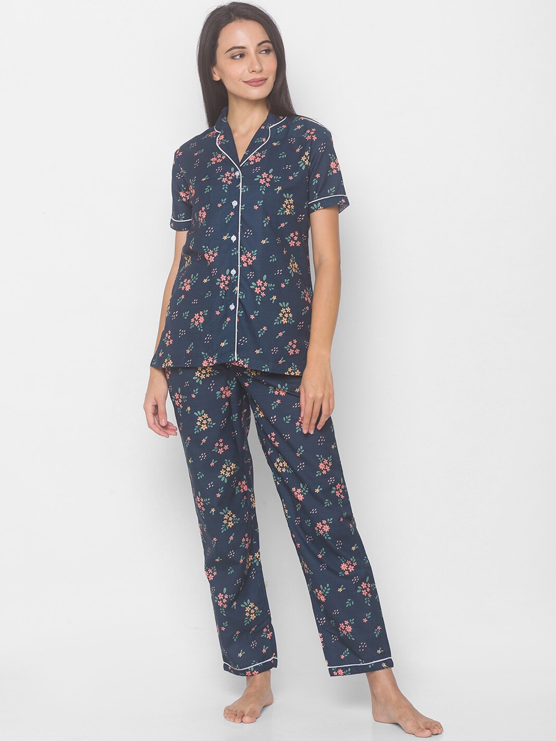 

NOIRA Women Navy Blue & Pink Floral Printed Pure Cotton Night suits