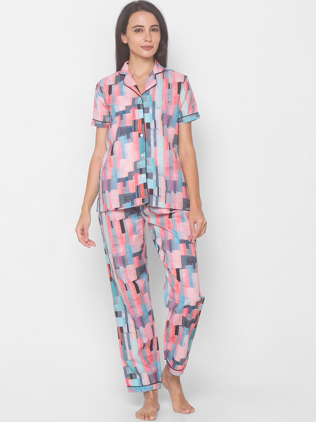 

NOIRA Women Pink & Blue Printed Night suit