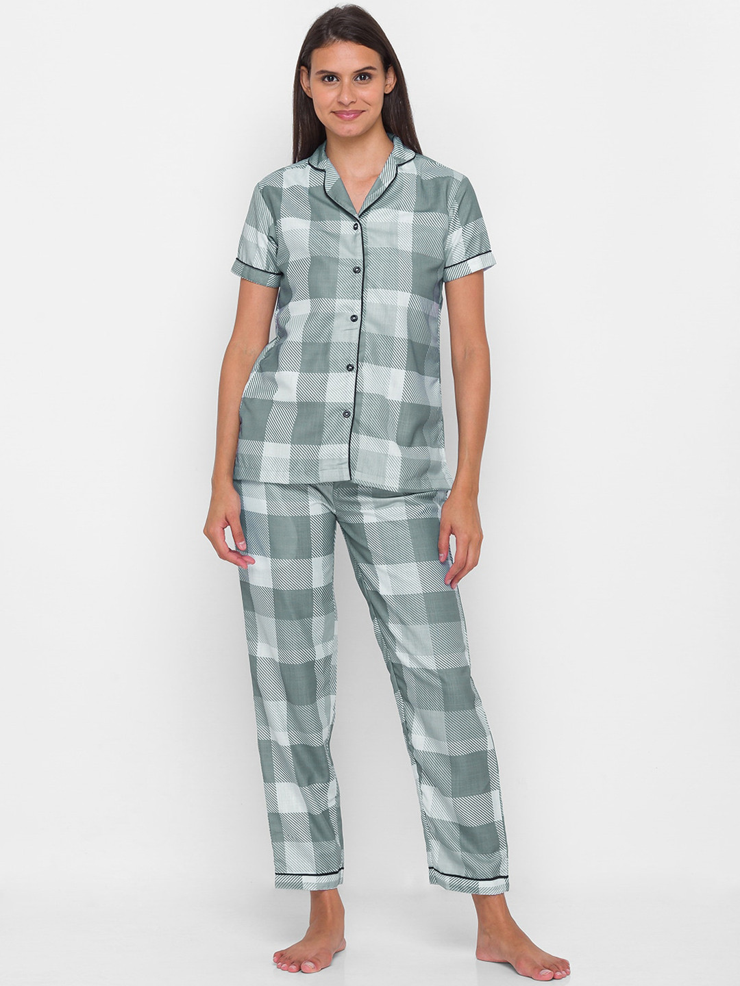 

NOIRA Women Grey & White Checked Pure Cotton Night suit