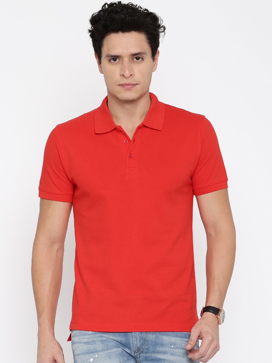 

American Crew Men Red Solid Polo Pure Cotton T-shirt