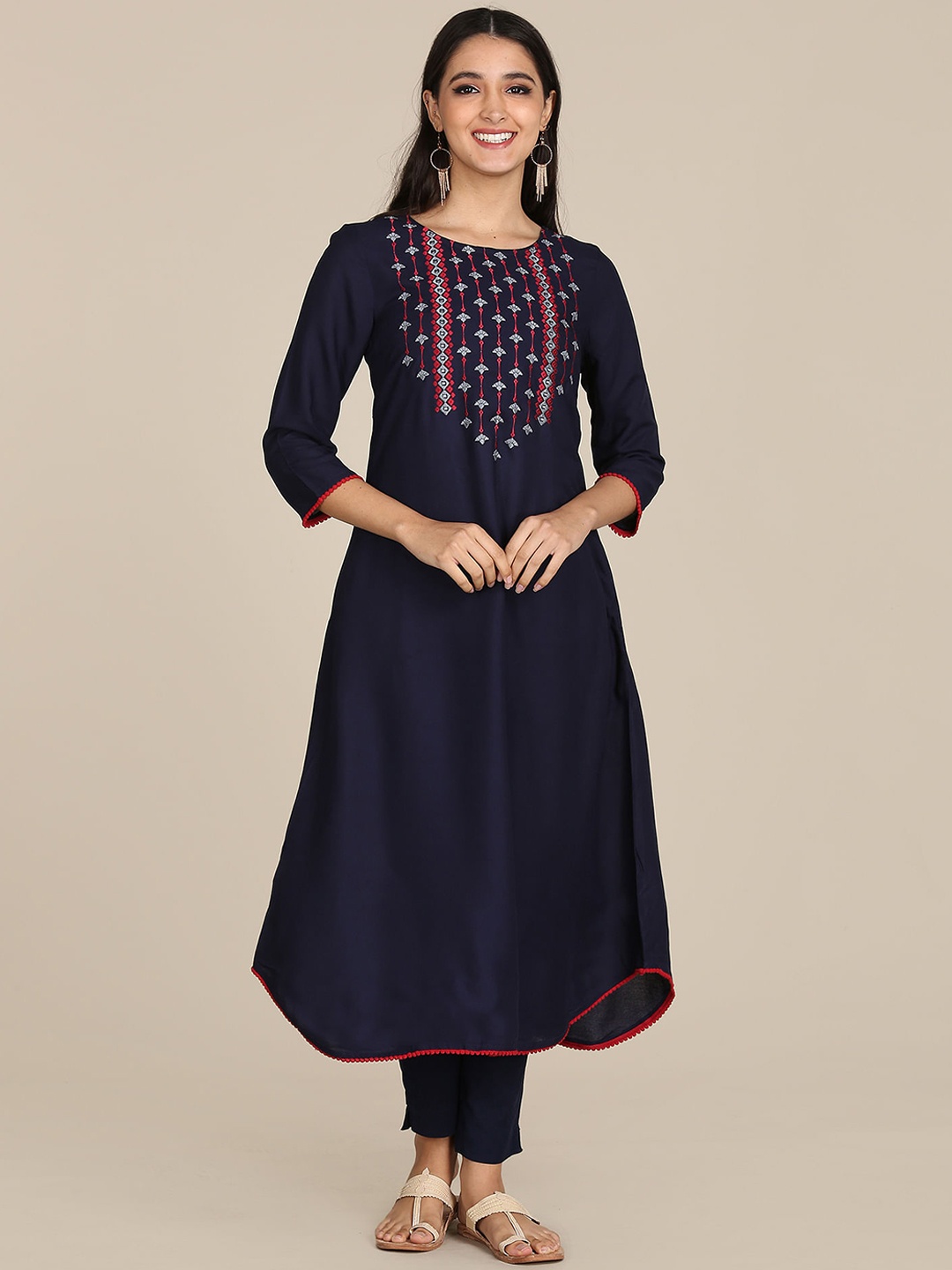

Karigari Women Navy Blue Yoke Design Mirror Work Kurta