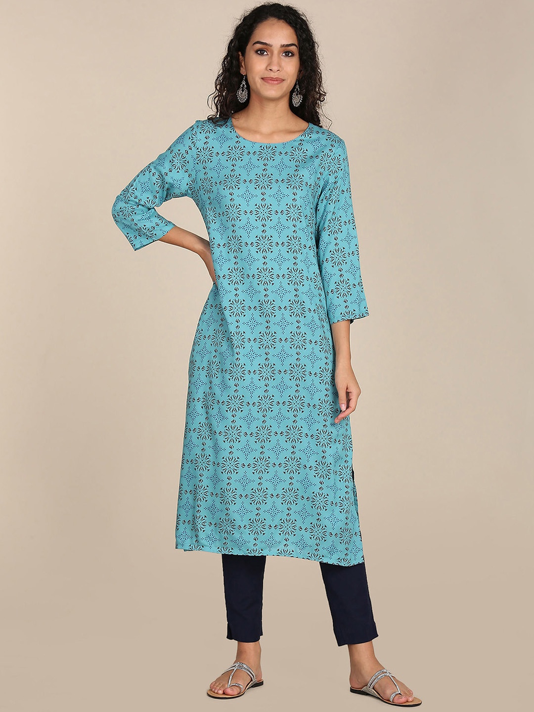 

Karigari Women Blue Ethnic Motifs Printed Flared Sleeves Kurta