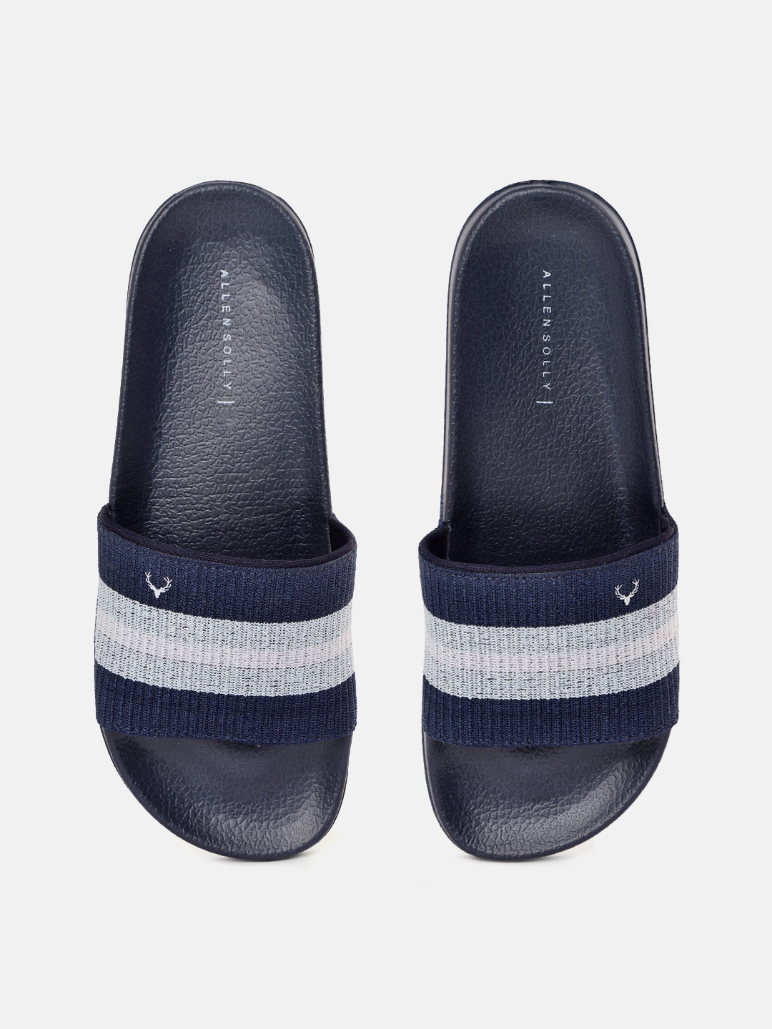 

Allen Solly Women Navy Blue & Silver-Toned Striped Sliders