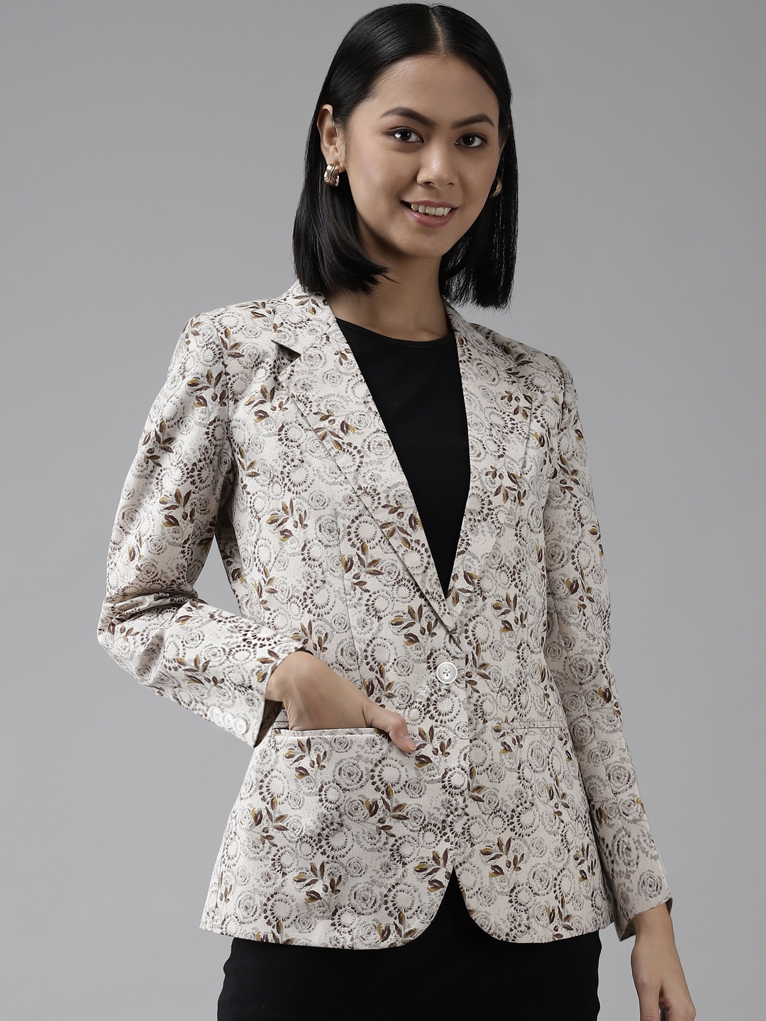 

Shaftesbury London Women Cream-Coloured Floral Design Slim Fit Single-Breasted Blazer