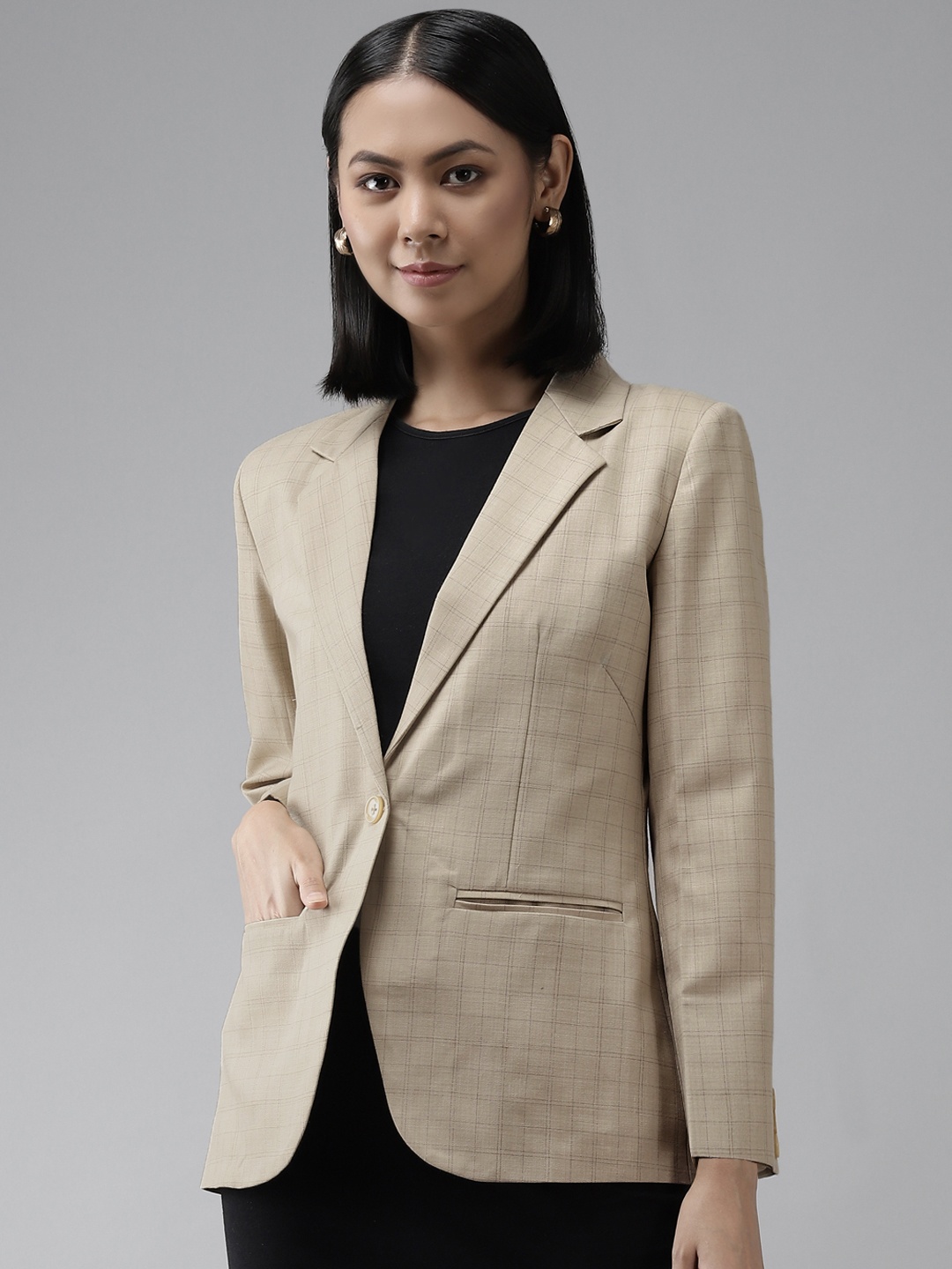 

Shaftesbury London Women Beige Checked Slim-Fit Single-Breasted Formal Blazer
