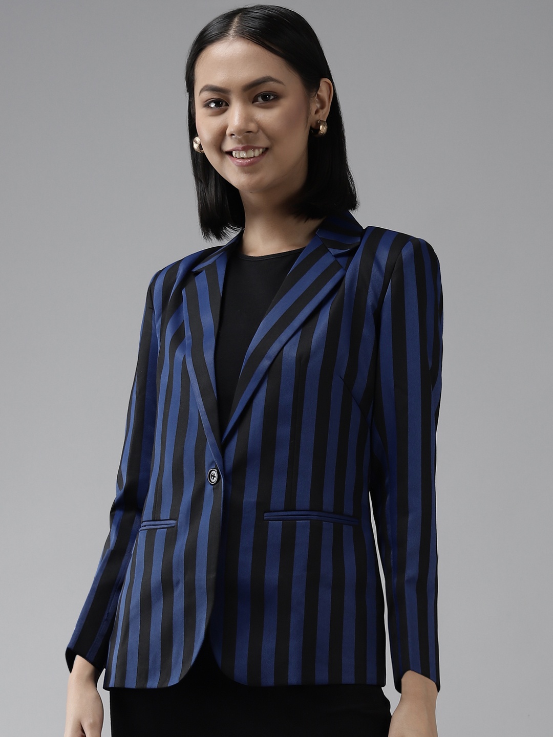 

Shaftesbury London Women Navy Blue & Black Striped Single-Breasted Formal Blazer