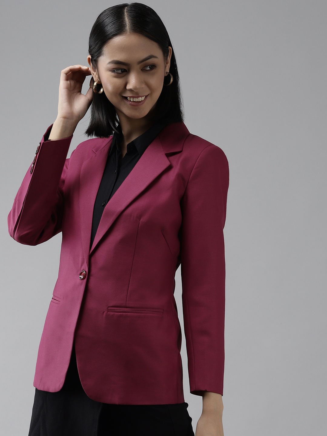 

Shaftesbury London Women Maroon Solid Single-Breasted Formal Blazer