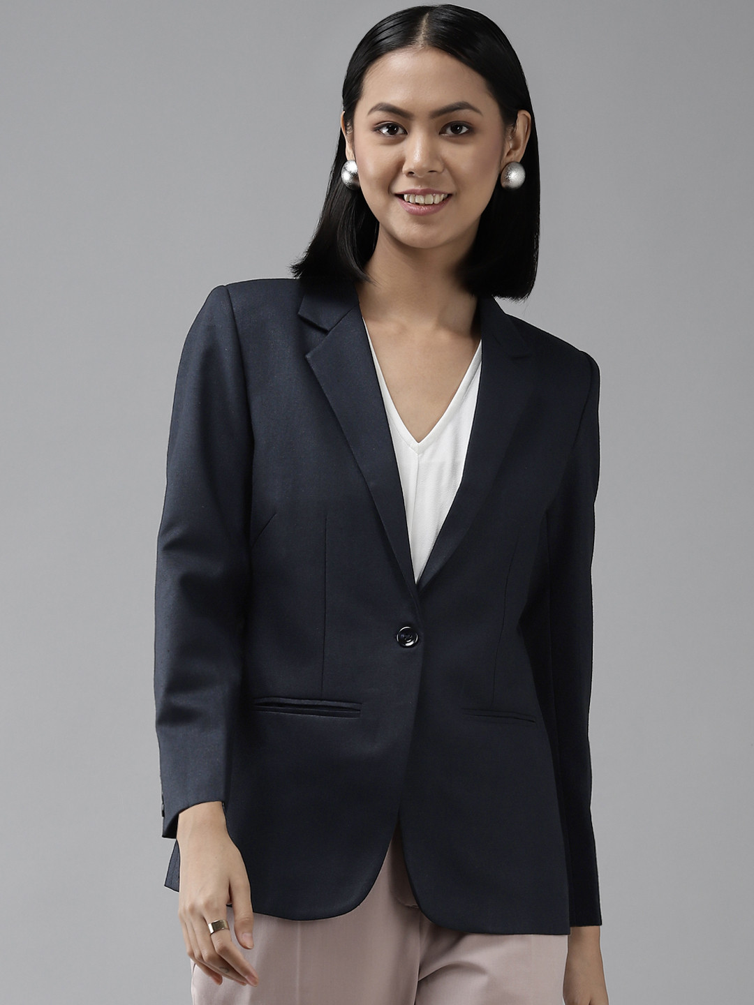 

Shaftesbury London Women Navy Blue Solid Formal Blazer