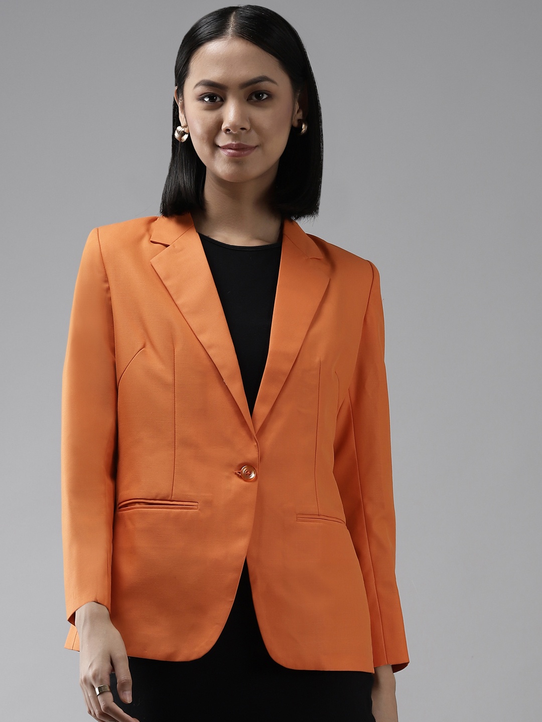 

Shaftesbury London Women Orange Solid Single-Breasted Formal Blazer